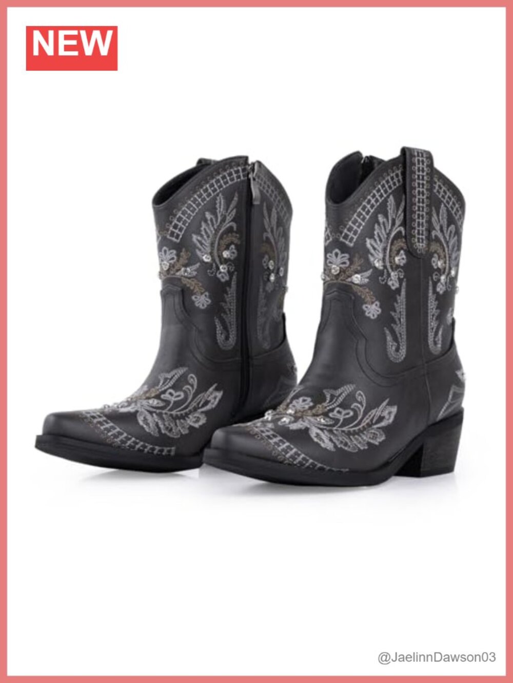 Rhinestone Embroidered Ankle Cowboy Boots Low Heel Side Zip Western Booties